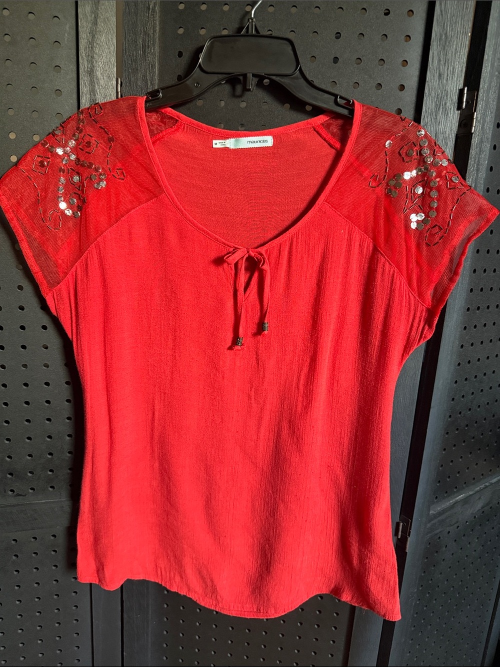 Maurices Red Short Sleeve Sequin Accent Tie-Front Top